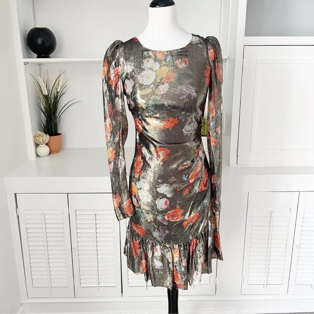 NWT Anthropologie Caballero Metallic Floral Puff Sleeve Dress Size XS 🌹